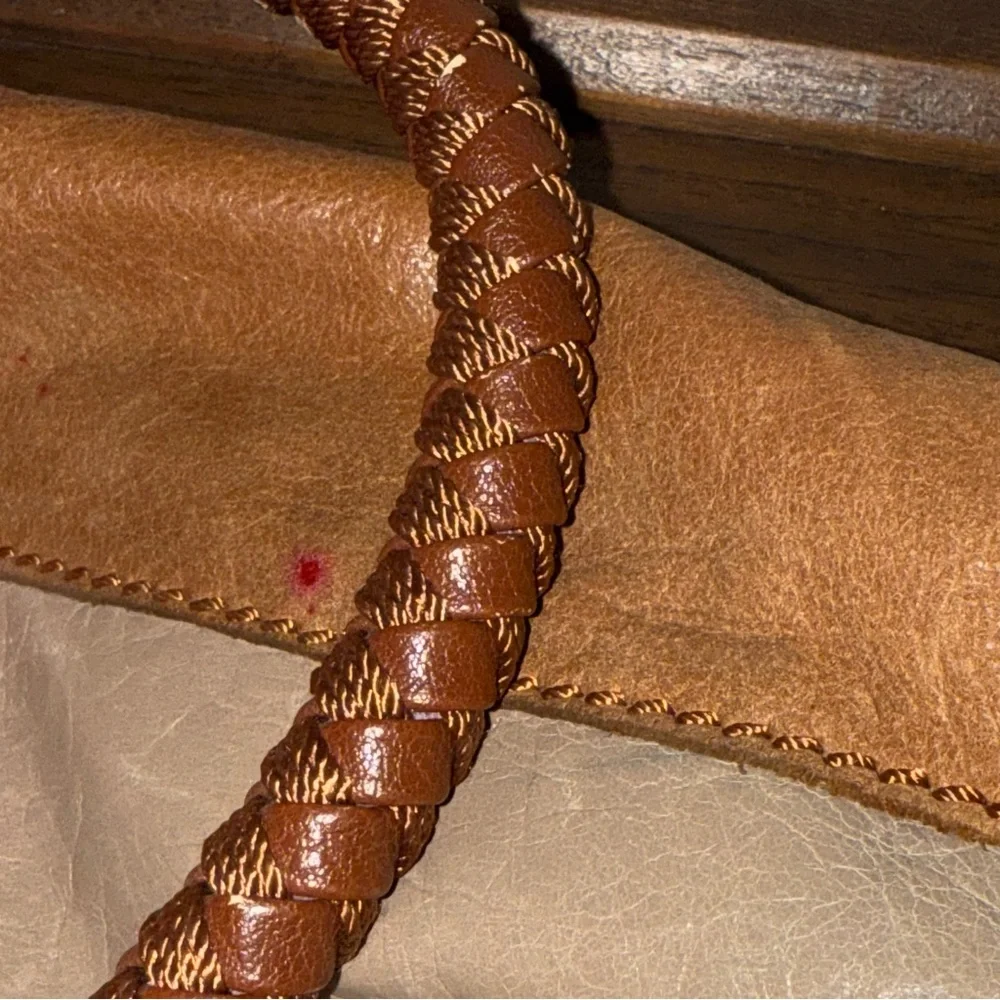 The Sak Tan Leather Shoulder Bag Boho Beaded Accent Braided Strap Medium